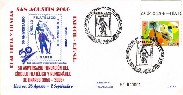 En 2006 se cumple el 50 aniversario del primitivo Crculo Filatlico de Linares. Fue creado en 1956 por apasionados del mundo filatlico y numismtico linarense como: Antonio Galera Garca, Ricardo Snchez Arboledas, Felipe Lpez Cruz, Aurelio Castaos Moro, Manuel Megas Torres o Flix Lpez Gallego. En la actualidad, sus continuadores han contribuido con diferentes actos: exposiciones, charlas y publicaciones con el objeto de difundir aspectos histricos de Linares. Sobre del 50 aniversario de la fundacin del Crculo Filatlico y Numismtico de Linares. Imagen sobre conmemorativo.